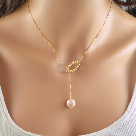 Pink Coin Pearl Lariat Necklace - Hand Made in Canada - Picture 2 of 10
